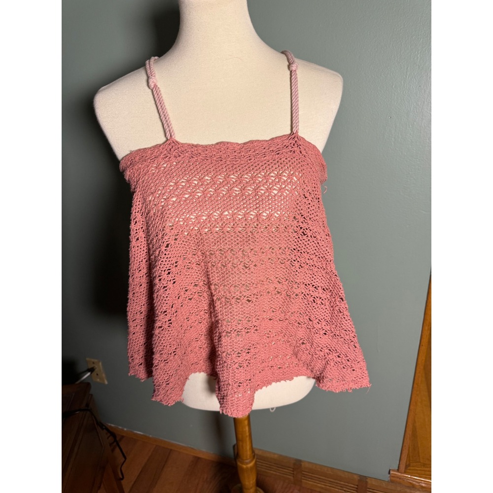 Free People Pink Crochet Knit Halter Tank‎ Top Women's Size L